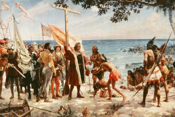 Representación de la llegada de Cristóbal Colón a las islas caribeñas en 1494