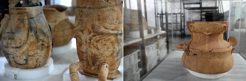 Vasijas de cerámica con rasgos antropomórficos, que se cree que son urnas, se exhiben en el Instituto de Investigaciones Científicas y Tecnológicas de Macapa, estado de Amapá, Brasil, el domingo 8 de marzo de 2026. (Foto AP/Eraldo Peres)