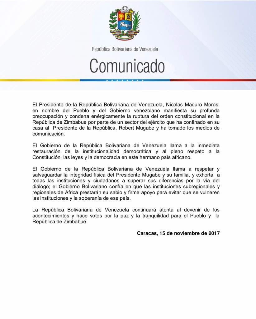 Comunicado Oficial ante el Golpe de Estado en Zimbabue